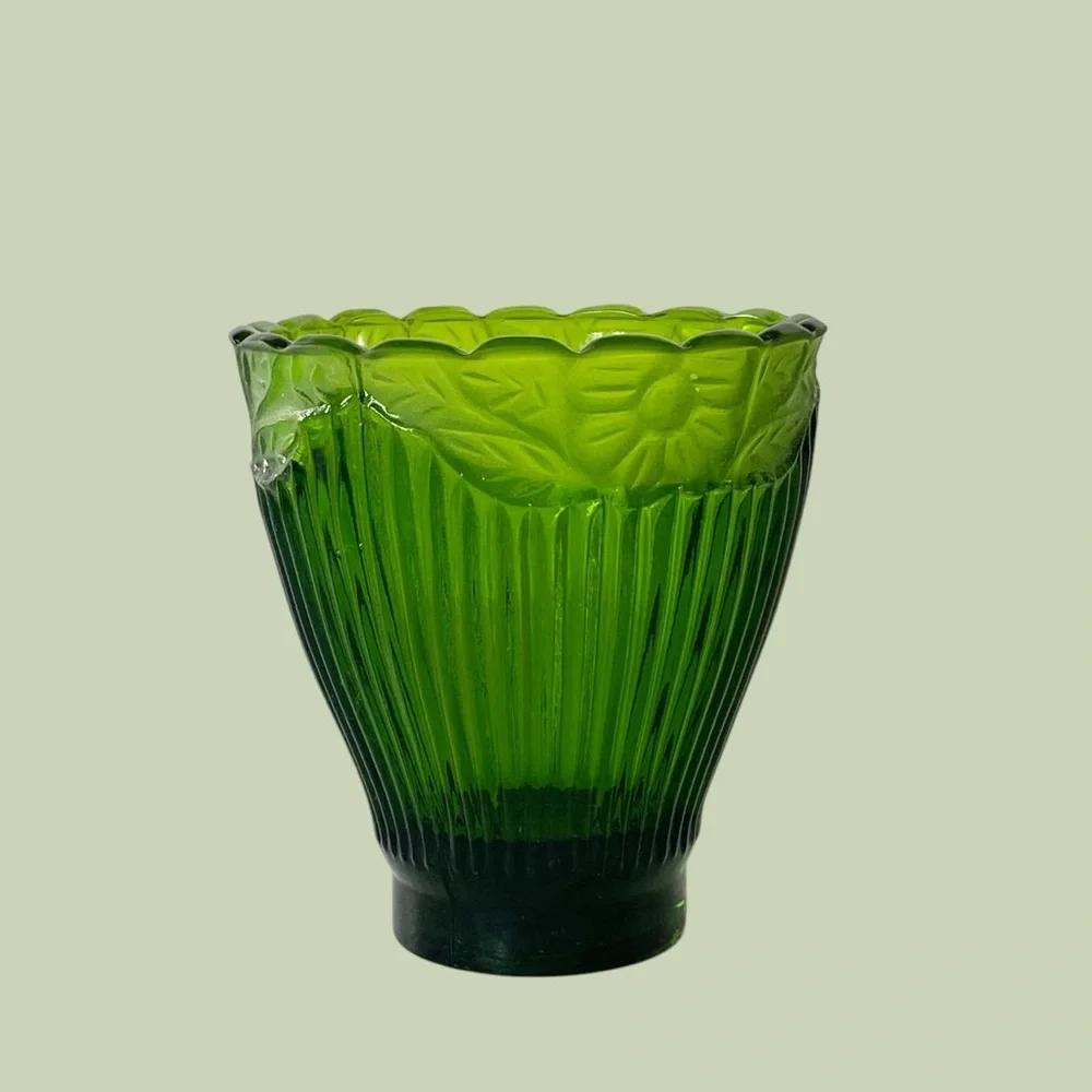 Crate & Barrel Green Glass Frosted and Glossy Ribbed Floral Candle Holder 4.25